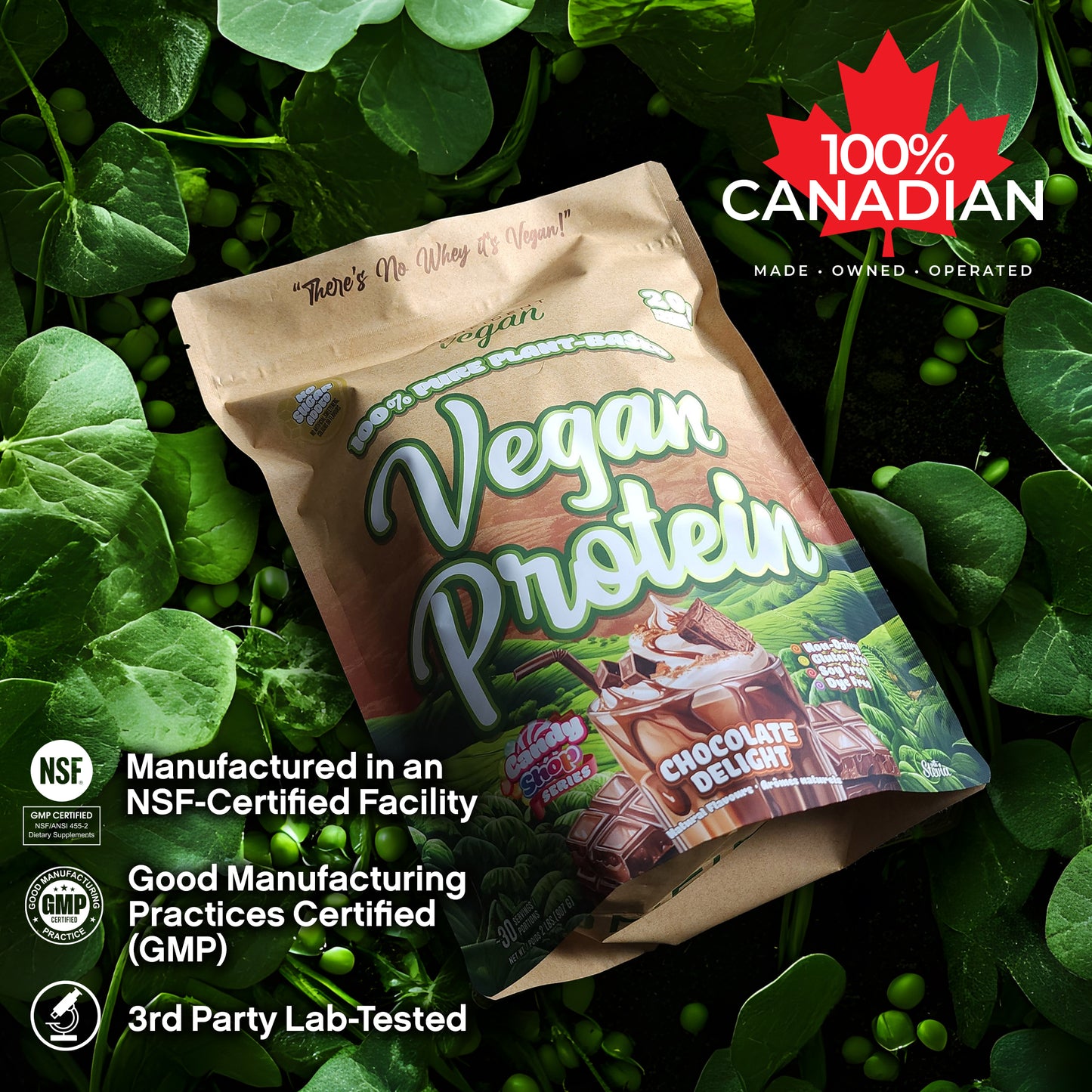 confident vegan bag in a pea patch with text layer overlay NSF-Certified facility, GMP certified, 3rd-party lab-tested.