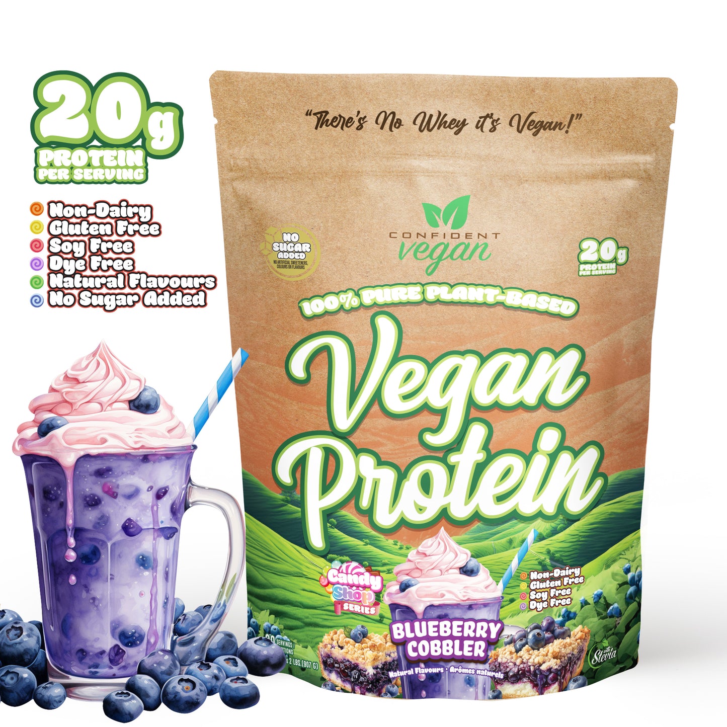 confident vegan blueberry cobbler flavour, 20 g protein, non-dairy, gluten-free, dye-free, natural flavours, no sugar added.