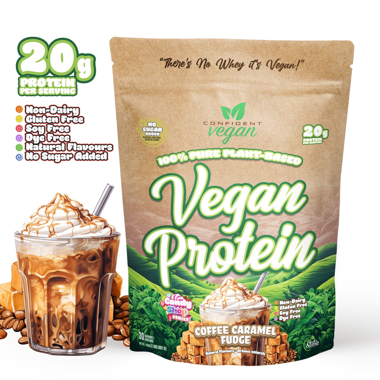 confident vegan coffee caramel fudge flavour, 20 g protein, non-dairy, gluten-free, dye-free, natural flavours, no sugar added.