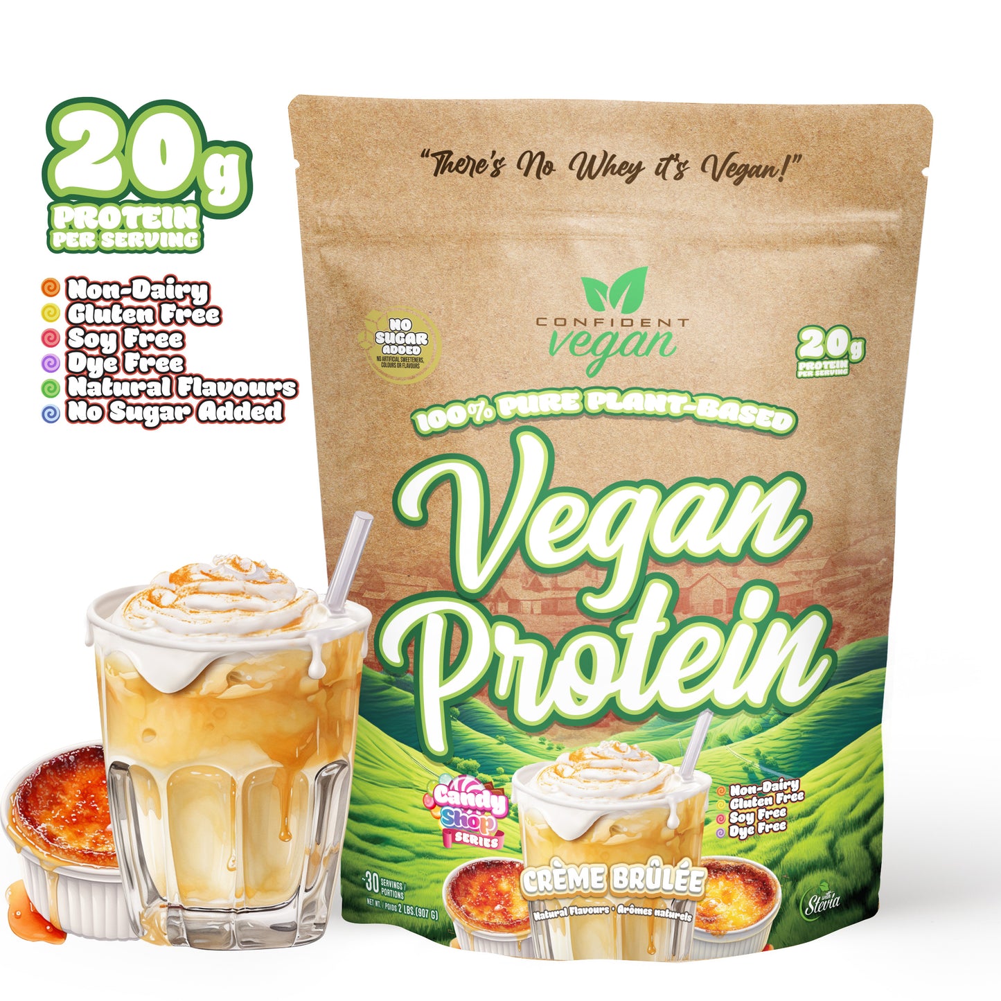 confident vegan creme brulee flavour, 20 g protein, non-dairy, gluten-free, dye-free, natural flavours, no sugar added.