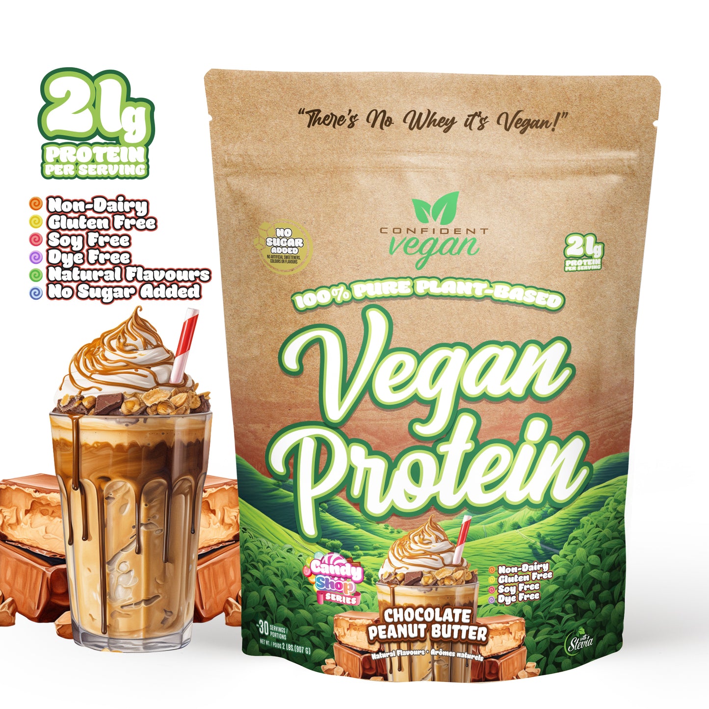 confident vegan chocolate peanut butter flavour, 21 g protein, non-dairy, gluten-free, dye-free, natural flavours, no sugar added.