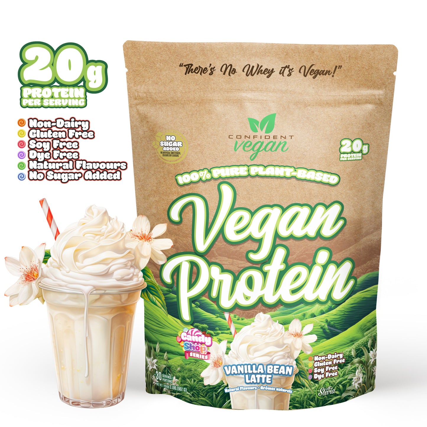 confident vegan vanilla bean latte flavour, 20 g protein, non-dairy, gluten-free, dye-free, natural flavours, no sugar added.