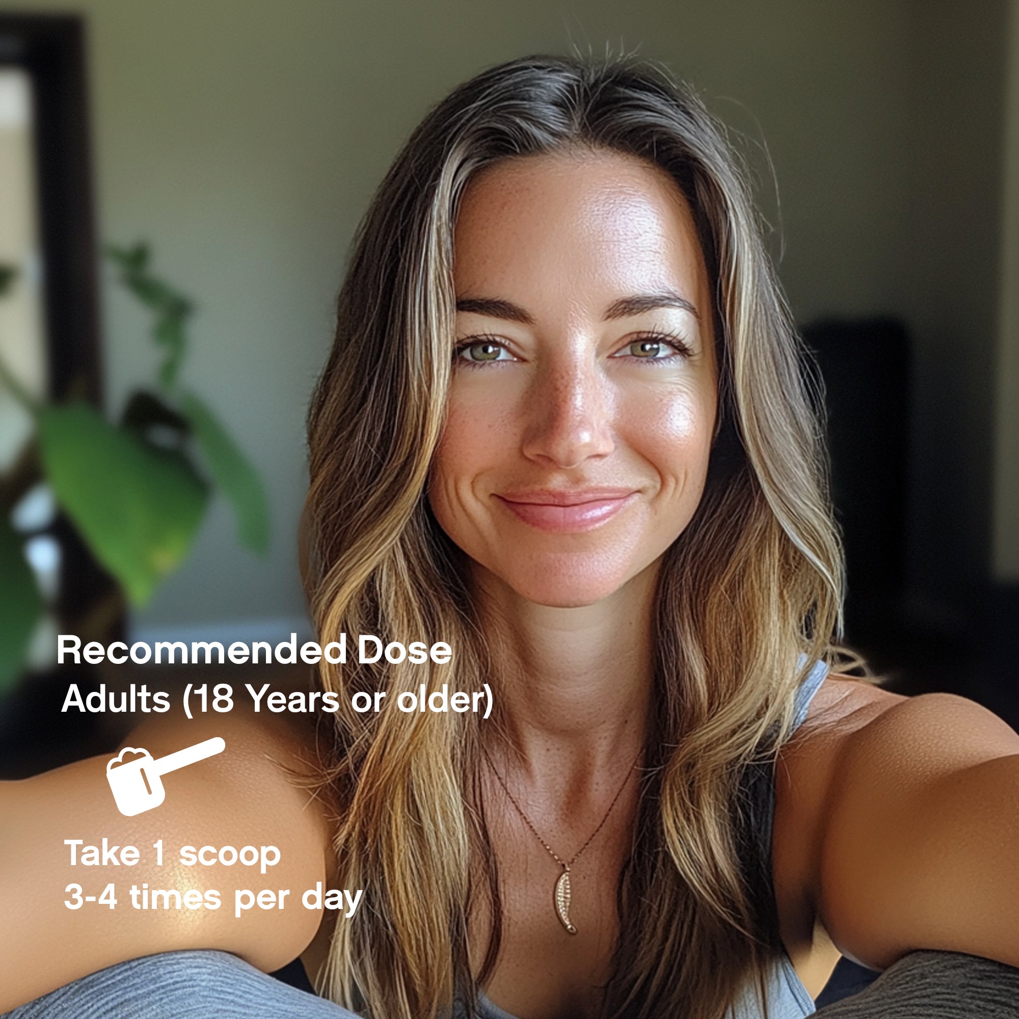 Pleasant looking woman after a yoga class with text overlay of recommended dose