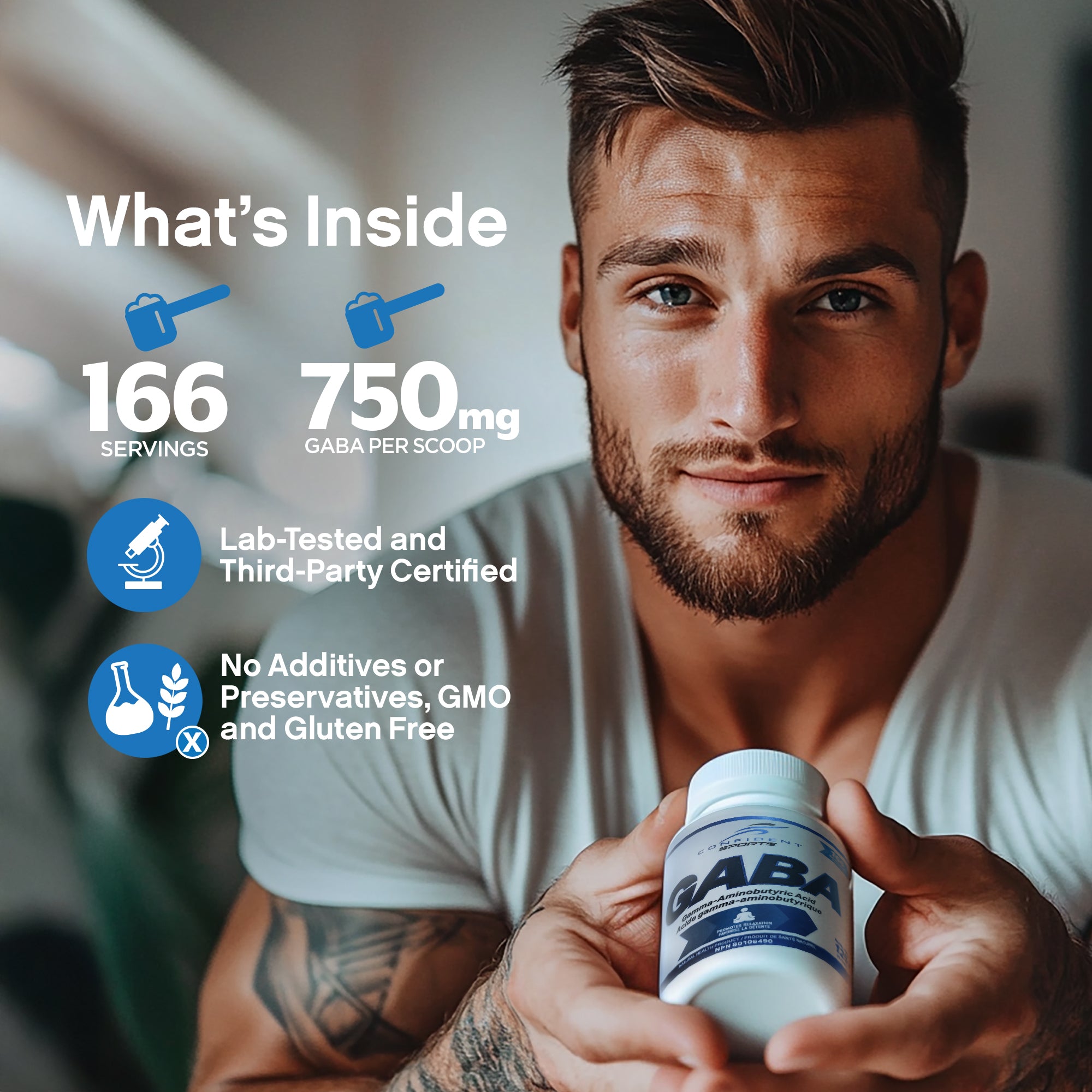 Muscular man holding a bottle of GABA with text overlay describing the product