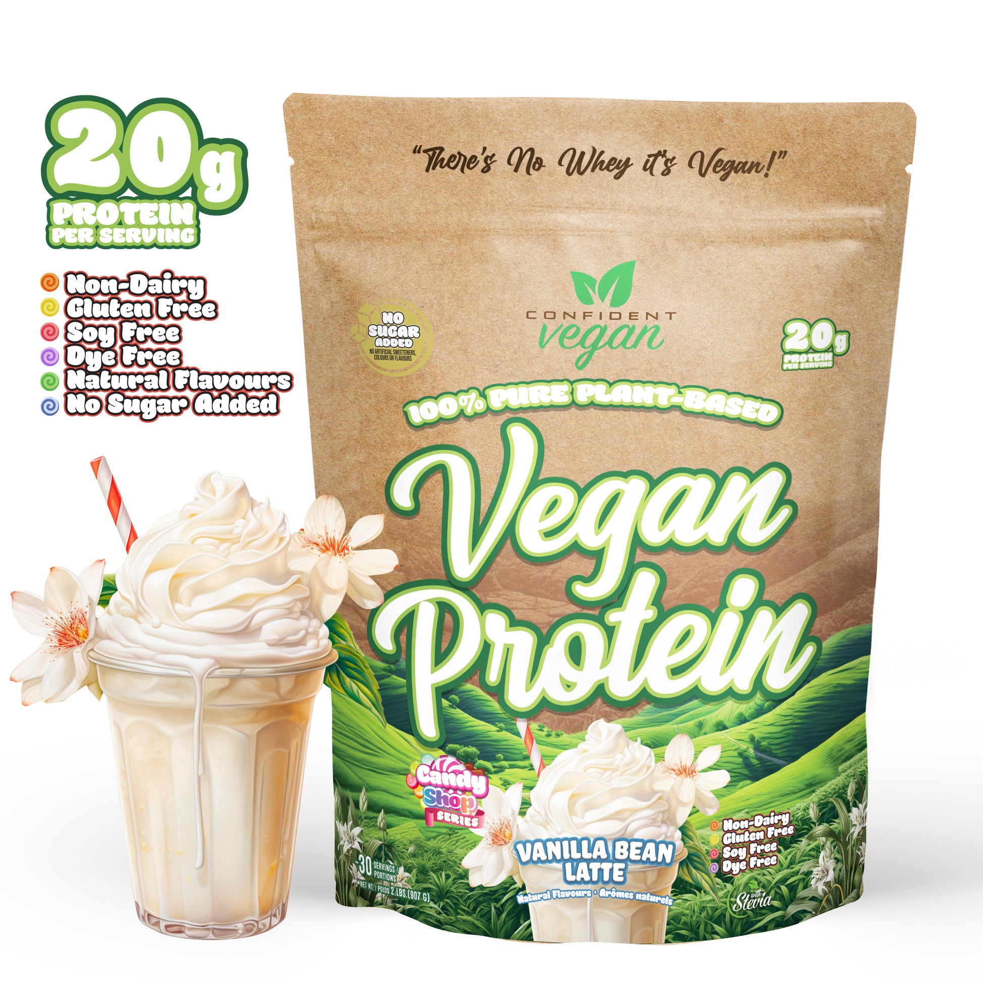 confident vegan vanilla bean latte flavour, 20 g protein, non-dairy, gluten-free, dye-free, natural flavours, no sugar added.