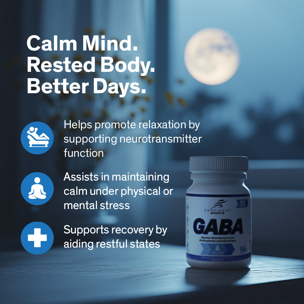 GABA on nightstand with text overlay of benefits