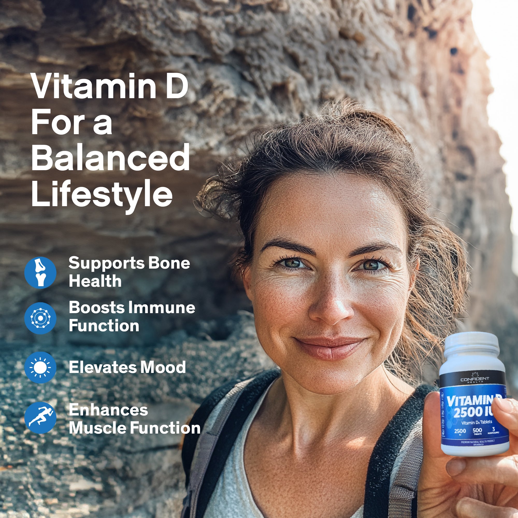 Woman hiking with vitamin D bottle and benefits overlay: bone health, immune function, mood elevation, muscle function