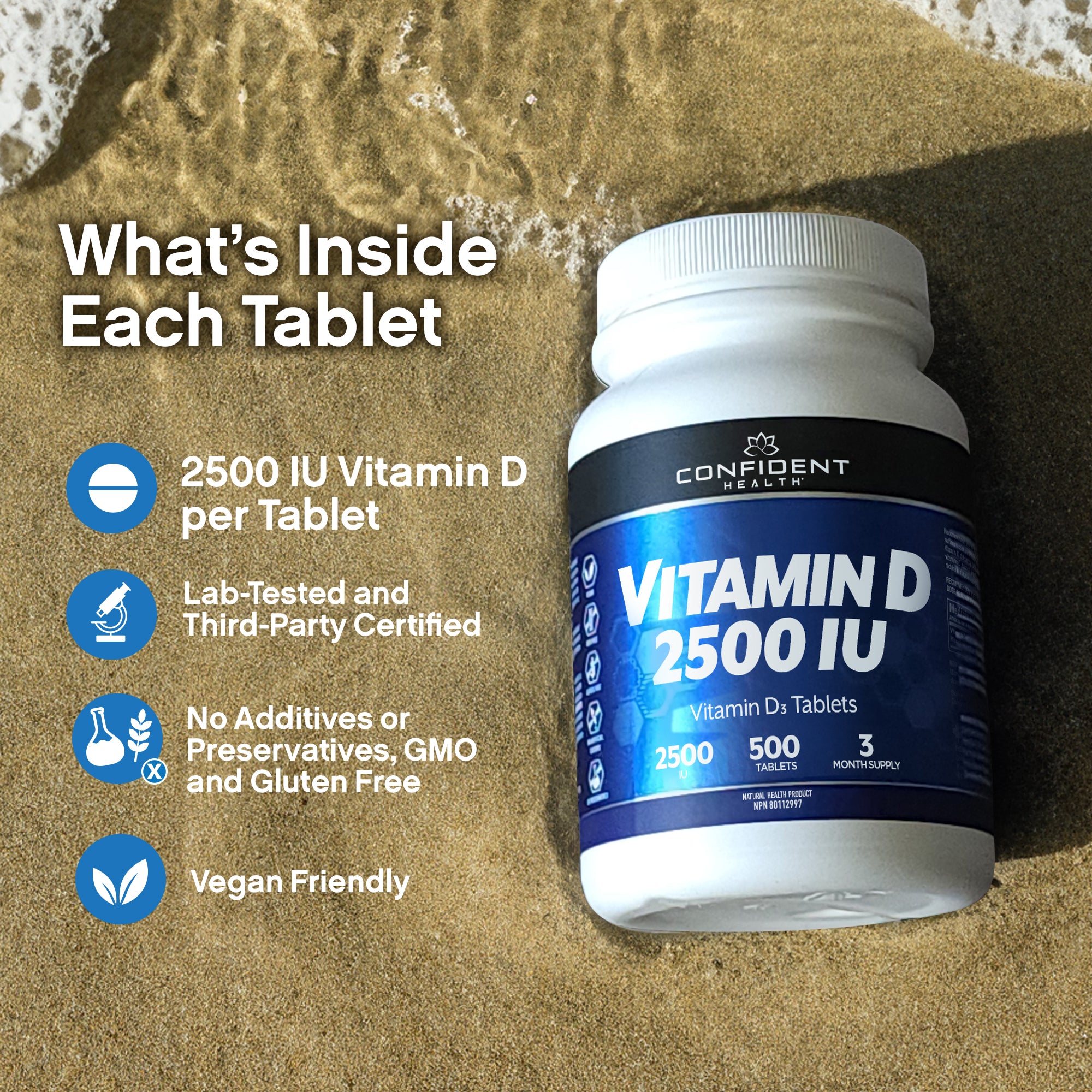 vitamin d bottle on beach, text overlay: 2500 IU, lab tested, no additives, preservatives, GMO and gluten free, vegan