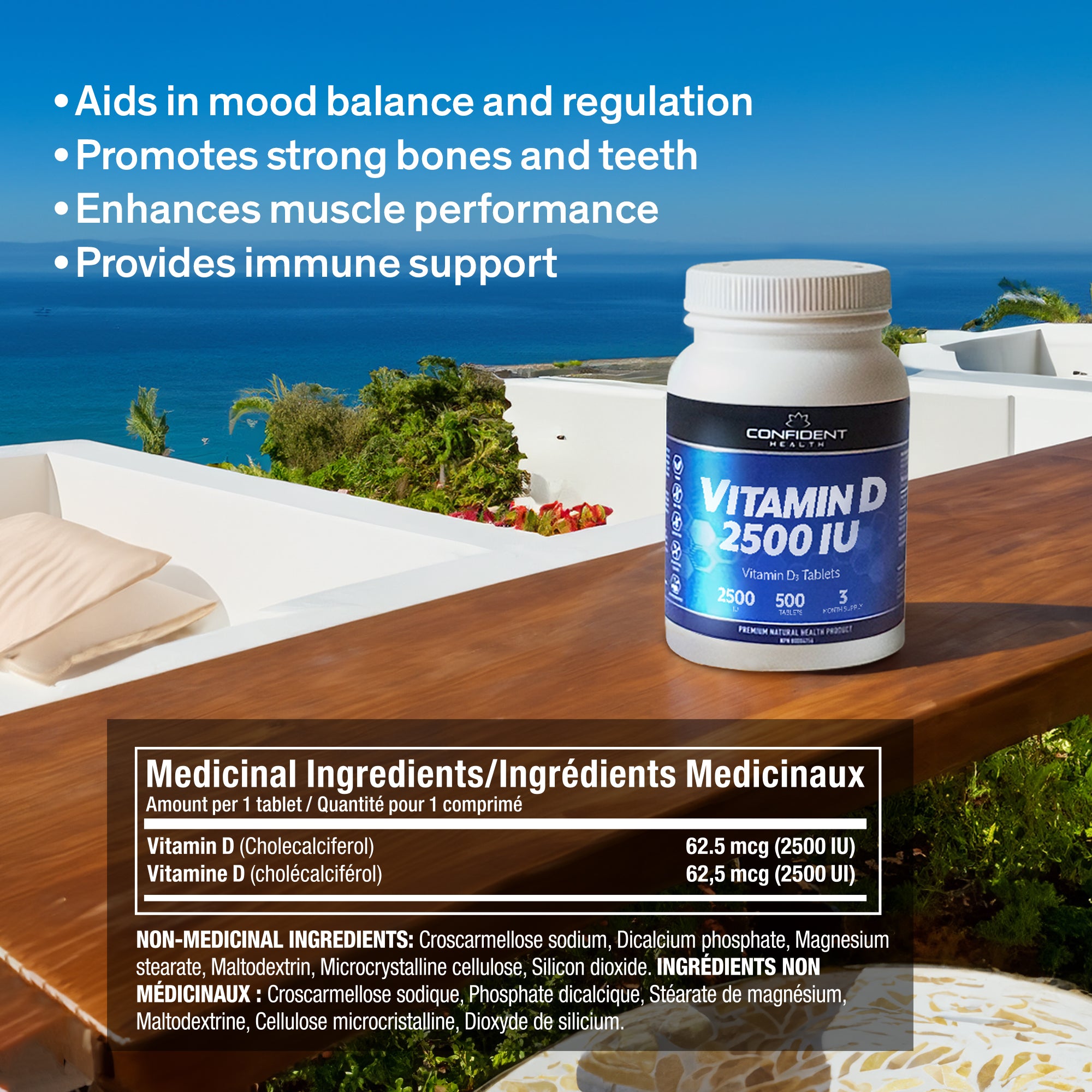 vitamin d bottle with text overlay: medicinal ingredients and benefits: mood regulation, bones and teeth,muscle performance, immune support