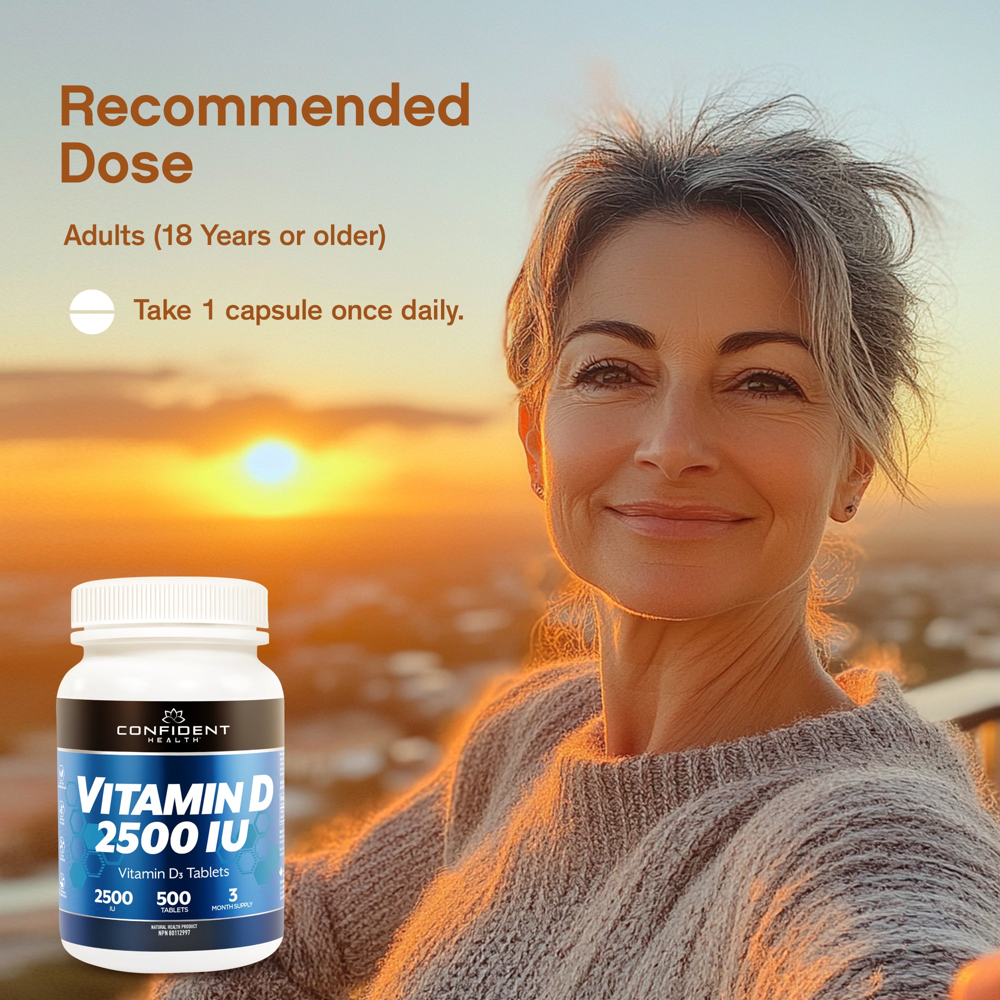 Woman on balcony with vitamin D bottle and 1 tablet daily dose overlay
